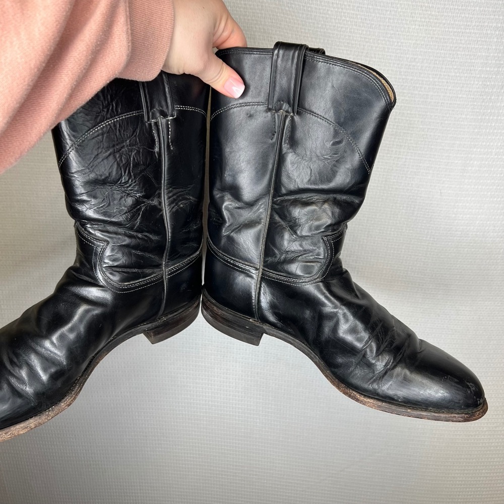Justin Mens Black Leather Vintage Western Roper Boot 3133 Made in USA Size 9.5EE - Picture 6 of 7